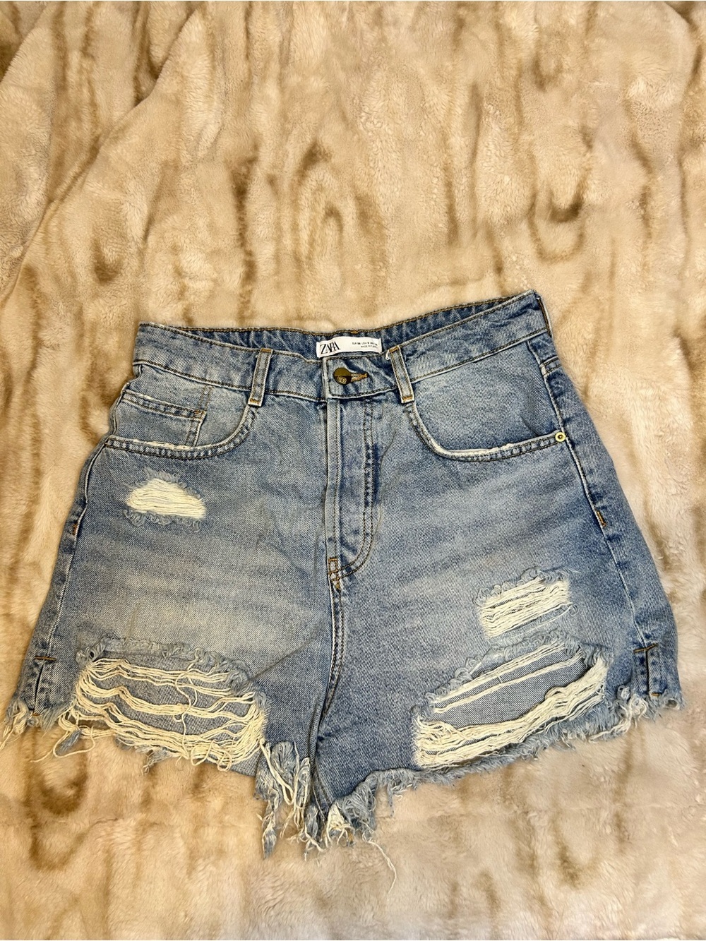 Zara Light Blue Distressed Ripped Denim Shorts